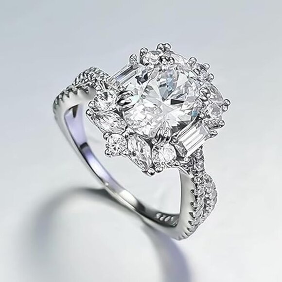 18K White Gold Plated 3 Carat Adjustable Engagement Ring Oval Cut Moissanite - Picture 1 of 5